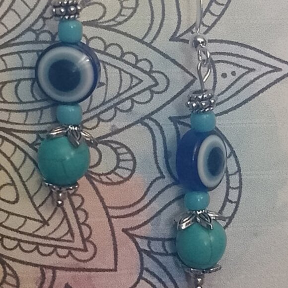 EVIL EYE WARD EARRINGS, Turquoise Magnesite, Bali-Style Accents SMALL SIZE - Picture 4 of 7